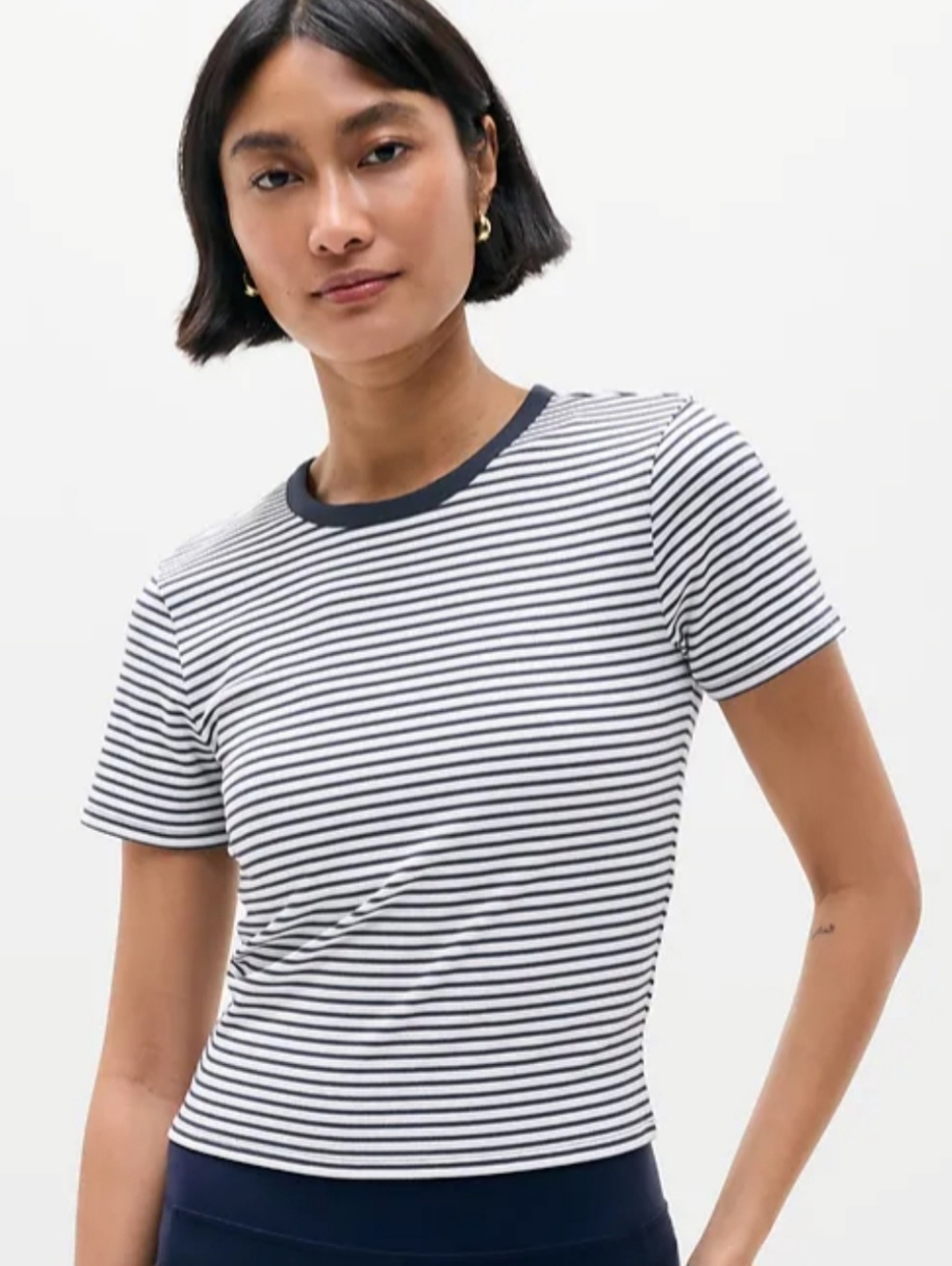 Athleta Signature Rib Crop Tee Navy Blue And White Size Med Basic Tee Shirt